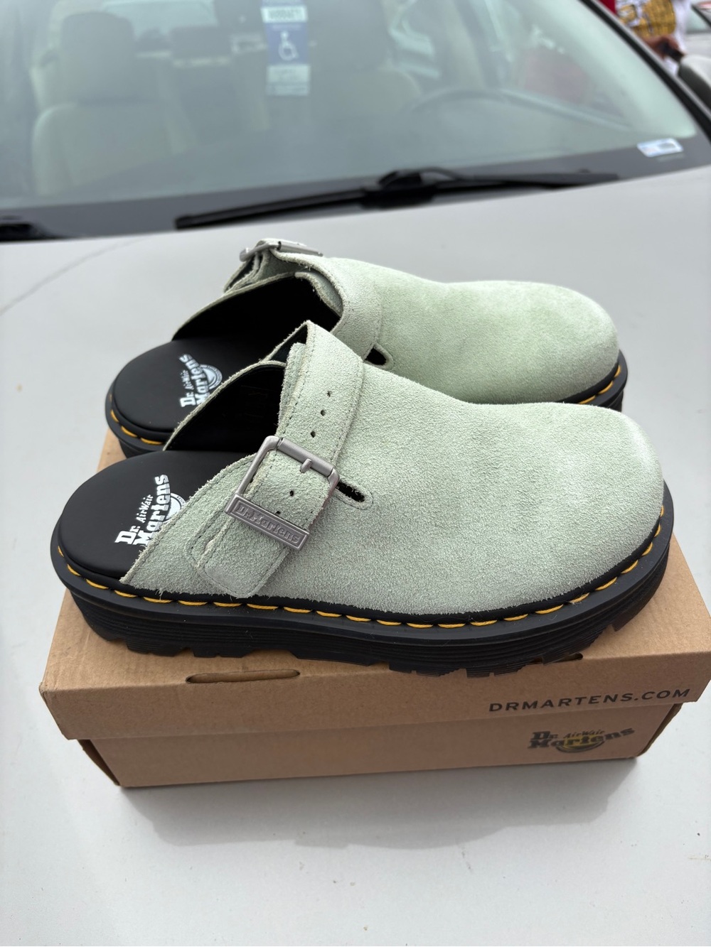 Dr. Martens Mint Green Suede Clog Mules with Buckle